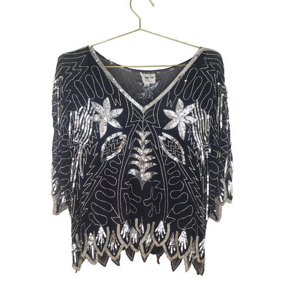 Vintage Tops - Vintage Black Silk Silver Sequin Beaded Blouse ML.